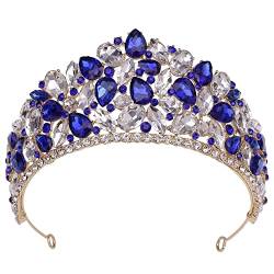 Handgefertigte große Kristall-Tiaras, Kronen, Prinzessinnen-Festzug-Stirnband, Hochzeit, Haarschmuck, Abendkleid, Brautschmuck, Haarreifen (Metallfarbe: Goldblau) (Silberweiß) von FaLkiN