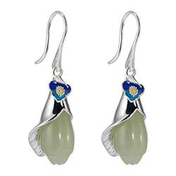 Ohrhänger für Damen, S925-Silber, eingelegte Nephrit-Ohrringe, chinesischer Stil, Kostüm-Blumen-Ohrringe (wie abgebildet, 925er Silber) von FaLkiN