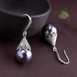 Ohrhänger für Damen, S925-Sterlingsilber, handgefertigtes Thai-Silber, passend zu allen granatroten Ohrringen (graue Perle aus 925er-Silber) von FaLkiN