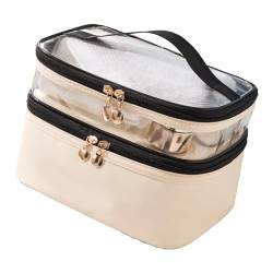 Doppelschichtige Make-up-Tasche, Glatte Reißverschlüsse, Kosmetiktaschen aus PU-Leder und PVC für zu Hause (Beige) von Fabater