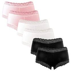 Fabio Farini 6 Stück Damen Hipster Baumwoll Unterhosen Frauen Höschen Slips Panties Unterwäsche mit Spitze Sets Pack - Hotpants Brazilian mehrpack 2X Rosa/2x Weiß/2x Schwarz 36 von Fabio Farini