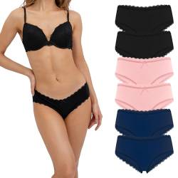 Fabio Farini 6 Stück Damen Hipster Baumwoll Unterhosen Frauen Höschen Slips Panties Unterwäsche mit Spitze Sets Pack - Hotpants Brazilian mehrpack 2X Schwarz/2x Dunkelblau/2x Apricot 38 von Fabio Farini