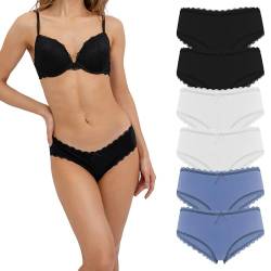 Fabio Farini 6 Stück Damen Hipster Baumwoll Unterhosen Frauen Höschen Slips Panties Unterwäsche mit Spitze Sets Pack - Hotpants Brazilian mehrpack 2X Weiß/2x Schwarz/2x Hellblau 36 von Fabio Farini