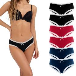 Fabio Farini 6 Stück Damen Hipster Baumwoll Unterhosen Frauen Höschen Slips Panties Unterwäsche mit Spitze Sets Pack - Hotpants Brazilian mehrpack Multifarb Set mit weißer Spitze 38 von Fabio Farini