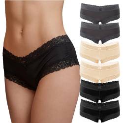 Fabio Farini 6er Pack Damen Panties Hipster mit verführerischen Spitzendetails - Frauen Unterhosen Brazilian Slips Brasil Spitze Set Unterwäsche 2X Grau/2x Beige/2x Schwarz 36-38 von Fabio Farini