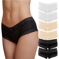 Fabio Farini 6er Pack Damen Panties Hipster mit verführerischen Spitzendetails - Frauen Unterhosen Brazilian Slips Brasil Spitze Set Unterwäsche 2X Weiß/2x Schwarz/2x Apricot 36-38 von Fabio Farini