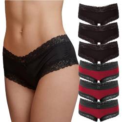 Fabio Farini 6er Pack Damen Panties Hipster mit verführerischen Spitzendetails - Frauen Unterhosen Brazilian Slips Brasil Spitze Set Unterwäsche 3X Schwarz/ 3X Rot 36-38 von Fabio Farini