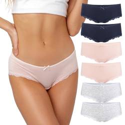 Fabio Farini 6er Set Brazilian Slip Damen Unterhosen aus Baumwolle, Hipster Pantys mit Spitze, Unterwäsche für Frauen im Mehrpack, 2X Dunkelblau/2x Grau/2x Rosa M von Fabio Farini