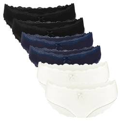 Fabio Farini 6er Set Brazilian Slip Damen Unterhosen aus Baumwolle, Hipster Pantys mit Spitze, Unterwäsche für Frauen im Mehrpack, 2X Schwarz/2x Dunkelblau/2xWeiß XL von Fabio Farini