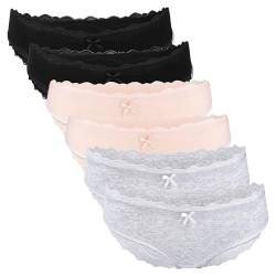 Fabio Farini 6er Set Brazilian Slip Damen Unterhosen aus Baumwolle, Hipster Pantys mit Spitze, Unterwäsche für Frauen im Mehrpack, 2X Schwarz/2x Grau/2x Rosa L von Fabio Farini