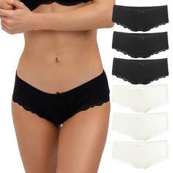 Fabio Farini 6er Set Brazilian Slip Damen Unterhosen aus Baumwolle, Hipster Pantys mit Spitze, Unterwäsche für Frauen im Mehrpack, 3X Schwarz/3x Creme-Weiß XL von Fabio Farini