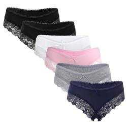 Fabio Farini 6er Set Damen Unterhosen aus bequemer Baumwolle - Frauen Hipster Panty mit feiner, sexy Spitze, Slip Unterwäsche Mehrpack, Schwarz, Weiß, Rosa, Grau, Blau Multifarb Set 38 von Fabio Farini