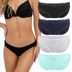 Fabio Farini Damen Pantys Bikini-Slips 4er & 6er Pack Mehrere Farben und Größen, 95% atmungsaktive Baumwolle L 4er Pack Mit Spitze Schwarz Blau Grau Türkis von Fabio Farini