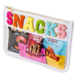 Fablinks Transparente Reißverschlusstasche für Frauen mit Chenille-Buchstaben-Patch, Reise-Snack-Tasche für Teenager-Mädchen, ästhetische Aufbewahrungs-Organizer-Taschen, Mehrfarbig, Snacks-weiß von Fablinks