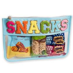 Fablinks Transparente Reißverschlusstasche für Frauen mit Chenille-Buchstaben-Patch, Reise-Snack-Tasche für Teenager-Mädchen, ästhetische Aufbewahrungs-Organizer-Taschen, Mehrfarbig, Snacks-Aqua von Fablinks