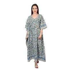 Fabric Venue Mädchen Handblockdruck Baumwolle Sommerkleid Kaftankleid Strandkleid Blauer Blumendruck Kaftan, Mehrfarbig von Fabric Venue