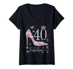 Damen 40 & Fabulous, 40 Jahre alt und fabelhaft, 40. Geburtstag T-Shirt mit V-Ausschnitt von Fabulous Queens Birthday Party