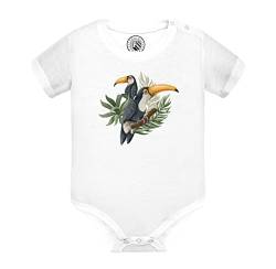 Baby body mit kurzen Ärmeln Weiß Hochsitz-Tukan Tropischer Baum Exotisch Dschungel Vogel von Fabulous