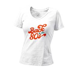 Damen T-Shirt mit V-Ausschnit aus Bio-Baumwolle Back to the 80's Jahrgang 1980 Disco Hippie von Fabulous