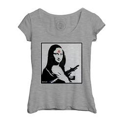 Rundhals-T-Shirt aus Bio-Baumwolle für Damen Banksy Mona Lisa Waffe Zielscheibe Straßenkunst von Fabulous