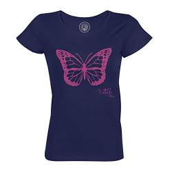 Rundhals-T-Shirt aus Bio-Baumwolle für Damen Rosa Schmetterling Zeichnung von Fabulous