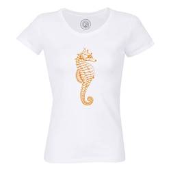 Rundhals-T-Shirt aus Bio-Baumwolle für Damen Seepferdchen-Zeichnung Meeresboden Ozean Meer Tauchen von Fabulous