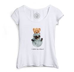 T-Shirt mit weitem Kragen für Damen I Need My Space Handgemachte Illustration Stil Tier Bär Astronaut Malerei von Fabulous