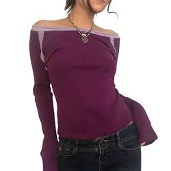 Damen Y2k Fairy Grunge Shirt Vintage Langarm T-Shirts Ästhetische Blusen Teen Girls Slim Fit Herbst Tops (E-Purple, M) von Fabumily