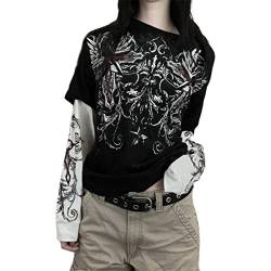 Damen Y2k Fairy Grunge Shirt Vintage Langarm T-Shirts Ästhetische Blusen Teen Girls Slim Fit Herbst Tops (Goth-Black, L) von Fabumily