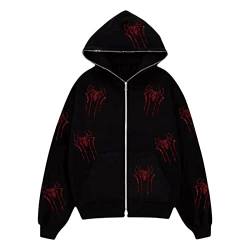 Fabumily Herren Damen Skeleton Zip Up Hoodie Y2k Strass Übergroßes Kapuzen-Grafik-Sweatshirt Dünne Gothic-Ästhetik-Jacken (B-Black Red Spider, M) von Fabumily