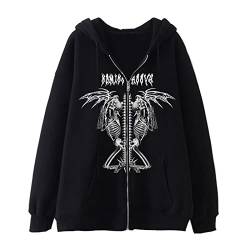 Fabumily Herren Damen Skeleton Zip Up Hoodie Y2k Strass Übergroßes Kapuzen-Grafik-Sweatshirt Dünne Gothic-Ästhetik-Jacken (D-Black Skeleton, XL) von Fabumily