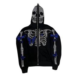 Fabumily Herren Damen Skeleton Zip Up Hoodie Y2k Übergroße Strass Totenkopf Kapuzen Grafik Sweatshirt Dünne ästhetische Herbstjacken (B-Black Blue Skeleton, M) von Fabumily