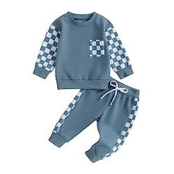 Fabumily Kleinkind Baby Jungen Kleidung Schachbrett Langarm Rundhals Sweatshirt Top + Jogger Hose Set Herbst Winter Outfits (Checkerboard-Blue, 2-3 Years) von Fabumily