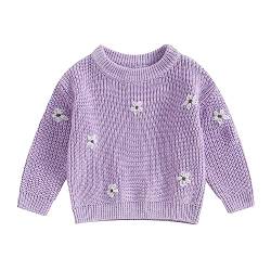 Fabumily Kleinkind Kleinkind Baby Mädchen Strickpullover Grobstrick Langarm Blumenstickerei Pullover Sweatshirt Warme Herbst Winterkleidung (Floral-Purple, 12-18 Months) von Fabumily