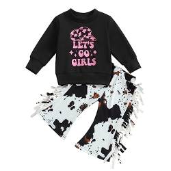 Fabumily Kleinkind-Western-Babykleidung für Mädchen, langärmeliges Cowgirl-Sweatshirt + Schlaghose mit Kuhmuster, Herbst-Winter-Outfit (Tassel-Black Pink, 6-12 Months) von Fabumily
