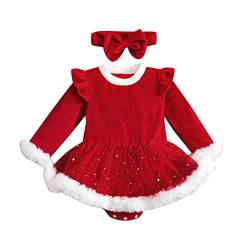 Fabumily Neugeborenes Baby Mädchen Weihnachten Strampler Kleid Rüschen Ärmel Samt/Plaid Tutu Kleid Bodysuit Stirnband (Red-Christmas Velvet Romper Dress, 0-6 Months) von Fabumily