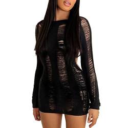 Fabumily Women Crochet Knit Dress Long Sleeve Backless Hollow Out Bodycon Mini Dress Casual Cover Up Sweater Dress Streetwear (A-Black, Medium) von Fabumily