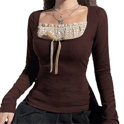 Fairy Grunge Shirts für Frauen Y2K Tops Langarm Spitze Patchwork T-Shirts Teenager Mädchen Vintage Slim Bluse Herbstkleidung (F Brown, S) von Fabumily