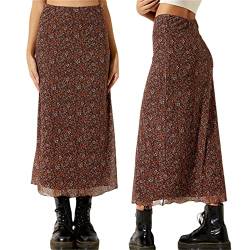 Frauen Y2k Blumendruck Langer Rock Vintage Boho Elastische Hohe Taille Bodycon Maxi Röcke Retro E Girl Streetwear (Brown, Medium) von Fabumily