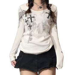 Frauen Y2k Fairy Grunge Graphic Tees Vintage Langarm T-Shirts Ästhetische Blusen Teen Girls Slim Fall Tops (White# 01, S) von Fabumily