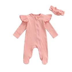 Unisex Neugeborenes Baby Füßiger Pyjama mit Fäustling Bündchen Kleinkind Mädchen Junge Gerippter Strickpullover mit Reißverschluss Strampler + Stirnband (Rosa, 0-3 Monate) von Fabumily