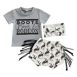 Western Baby Mädchen Kleidung Sommer Boho Kuh Print Kurzarm T-Shirt Top + Quaste Shorts Set Infant Cowgirl Outfits (A-Grey, 3-6 Months) von Fabumily