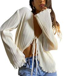 Women Sexy Sheer Shirts Solid Color Flare Sleeve Button Down See-Through Blouse Ruched Vintage Crop Tops Streetwear (B-Beige, Small) von Fabumily