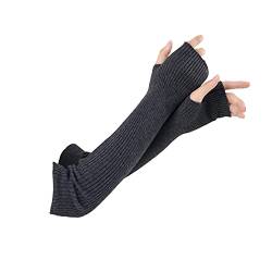 Facecozy Lange Fingerlose Handschuhe Damen Winter, Stricken Wolle Mischung Armstulpen Damen Winter Daumenloch Armwärmer (Dunkelgrau, 40.5 cm) von Facecozy