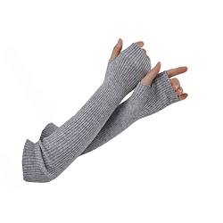 Facecozy Lange Fingerlose Handschuhe Damen Winter, Stricken Wolle Mischung Armstulpen Damen Winter Daumenloch Armwärmer (Hellgrau, 23.6"/60cm) von Facecozy