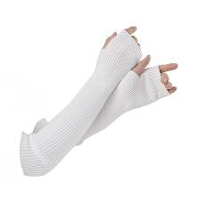 Facecozy Lange Fingerlose Handschuhe Damen Winter, Stricken Wolle Mischung Armstulpen Damen Winter Daumenloch Armwärmer (Weiß, 19.6"/50cm) von Facecozy