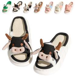 Fadezar Hausschuhe Damen Kuh/Frosch/Hase/Karikatur rutschfeste Pantoffeln Slip on Bequeme Flache cozy Slippers Kuh schwarz EU 39-40 Etikettengröße 40-41 von Fadezar