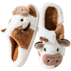 Fadezar Hausschuhe Damen Shark/Cow Winter Plüsch Pantoffeln Herren Flauschige Warme Hausschuhe Bequeme rutschfeste Flache Slippers Braun weiß EU 41-42 (Sohlengröße 42-43) von Fadezar