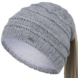 Faera Damen Wintermütze Zopfmütze Zopfloch Loch Zopf Beanie Mütze Strickmütze 72, Farbe:Grau von Faera