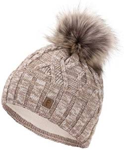 Faera Wintermütze Müttze Damen warm gefüttert mit Bommel Mädchen Bommelmütze Fleecefutter Winter Strickmütze Beanie Herren 33, Farbe:Beige von Faera